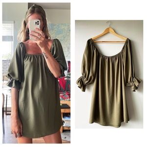 Handmade Olive Green Square Neckline Tunic Babydoll Dress